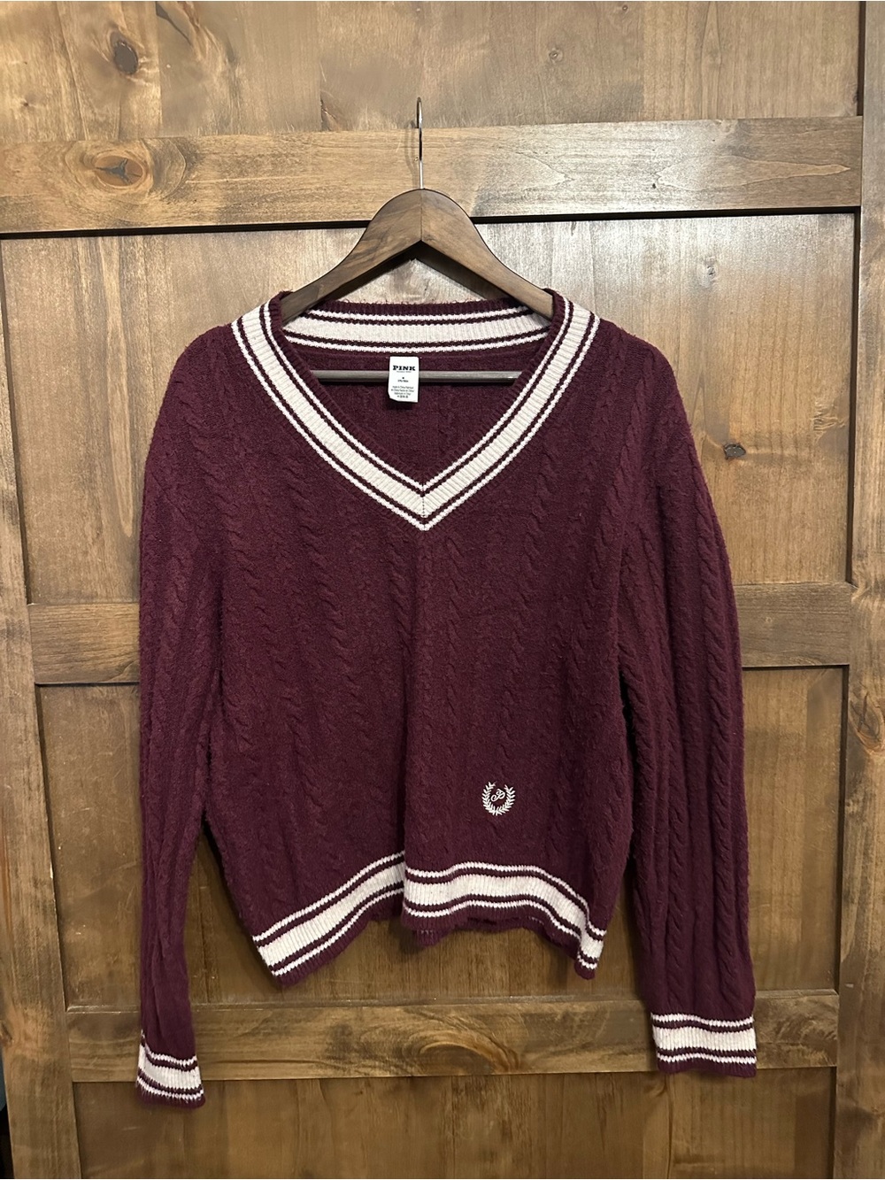 Victorias Secret PINK Varsity Sweater Cable Knit Size Medium Burgundy Preppy